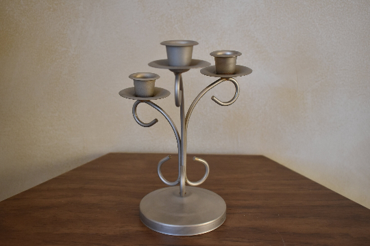 Refurbished Metal Candelabra, 3 Arm Candle Holder, Custom Powder Coated Finish, 8 3/8 Inches Tall