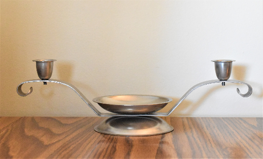 Refurbished Metal Candle Holder, Dual Arm Modern Candelabra, Custom Powder Coated, 12 5/8 Inch Wide Table Centerpiece, Mid-Century Style