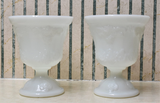 Vintage E.O. Brody Milk Glass Vases, Set of 2 White Pedestal Compotes, Raised Floral Pattern, M4300 Cleveland Ohio, Mid Century Decor