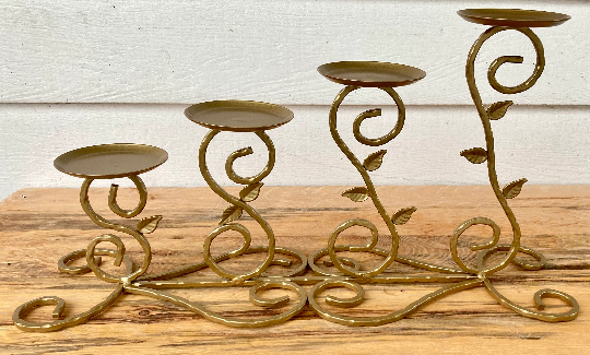 Scroll Leaf Metal Pillar Candle Holder, 4-Tier, Spanish Gold Powder Coated Finish, 21 Inches Wide, Refurbished Ornate Decor