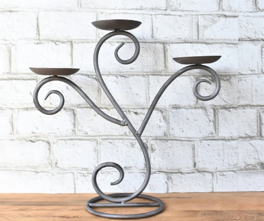 Refurbished Metal Candle Holder, 3 Pillar Scroll Stand, 13.5&quot; Tall, Custom Powder-Coated Finish