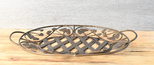 Refurbished Metal Platter Tray, Weathered Copper Finish, Ginkgo Leaf Design, Decorative Serving Tray