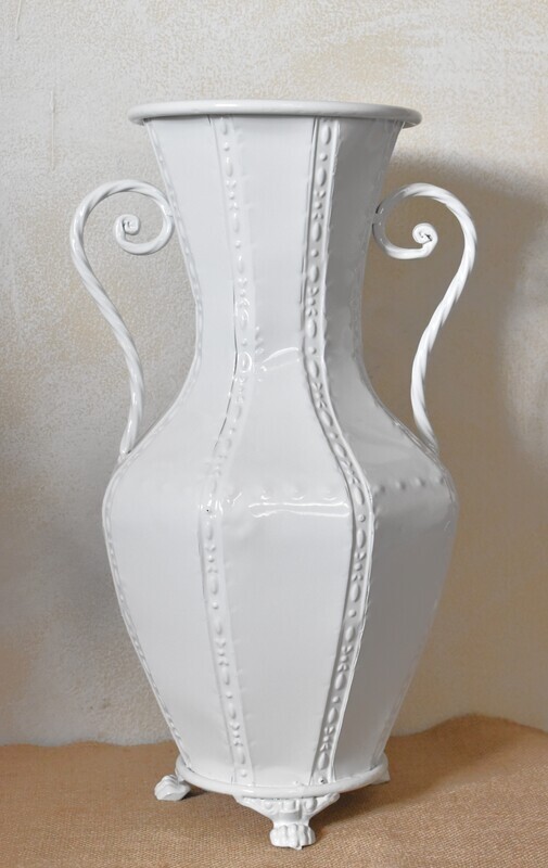 Refurbished Metal Vase, Off White Powder Coated Finish, French Country Decor, 17 9/16 Inches Tall