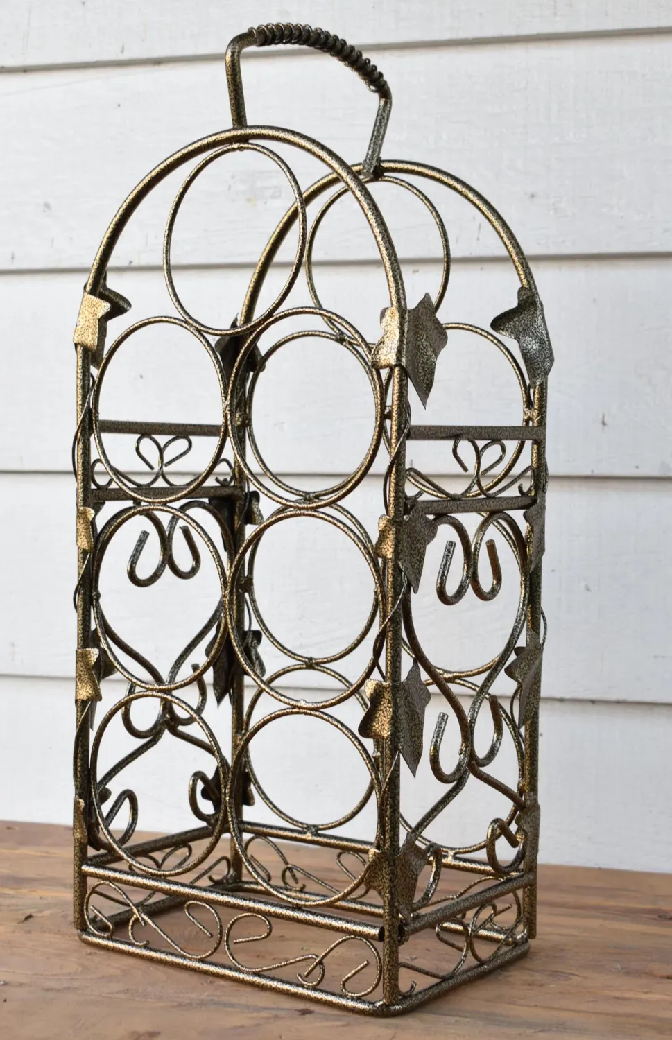Steel Wine Rack Refurbished, Grecian Gold Powder Coated Finish, Holds 7 Bottles, Ornate Vintage Design