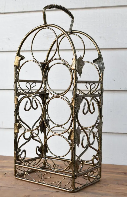 Steel Wine Rack Refurbished, Grecian Gold Powder Coated Finish, Holds 7 Bottles, Ornate Vintage Design
