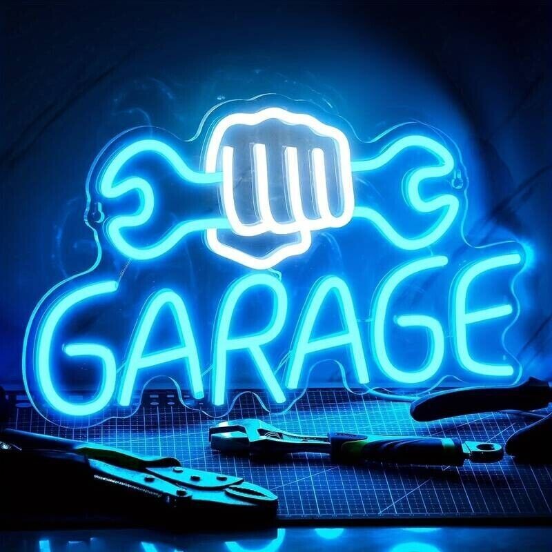 INSEGNA DECORATIVA SCRITTA GARAGE LUCE NEON BLU PER OFFICINE / UFFICI / CAMERE