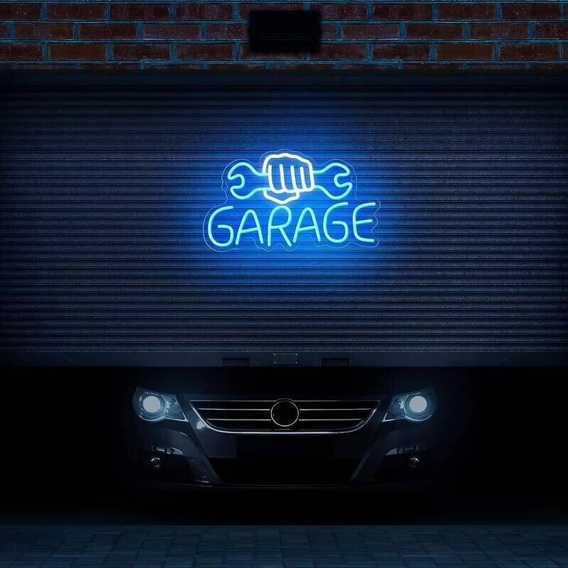 INSEGNA DECORATIVA SCRITTA GARAGE LUCE NEON BLU PER OFFICINE / UFFICI / CAMERE