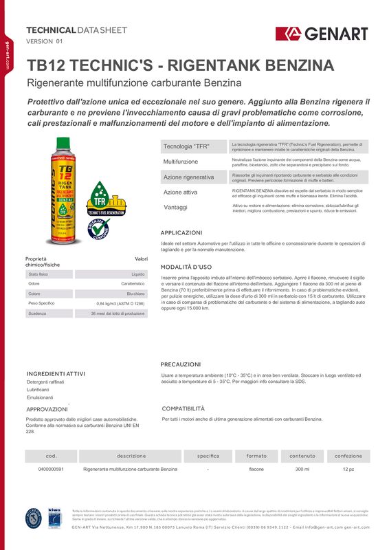 GENART - ADDITIVO RIGENERANTE MULTIFUNZIONE CARBURANTE BENZINA RIGEN TANK - TB12