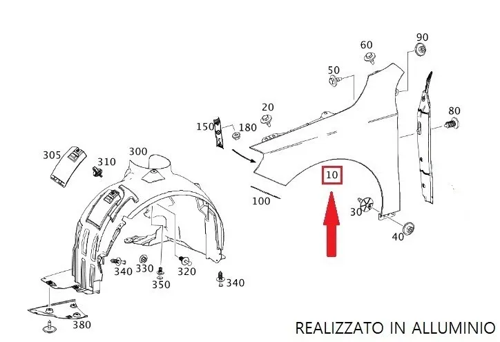 PARAFANGO ANTERIORE DESTRO IN ALLUMINIO MERCEDES CLASSE A W177 (IV) 2020 - A1778810600