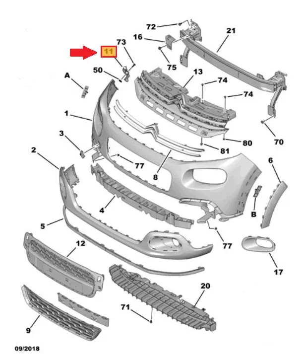 STAFFA / GUIDA / SUPPORTO LATO DX PARAURTI ANT. CITROEN C3 (III) - 1618037980