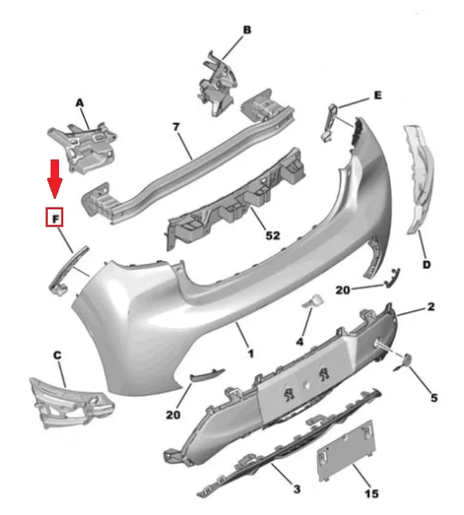 STAFFA / GUIDA / SUPPORTO LATO SX PARAURTI POST. PEUGEOT 208 (II) - 1673735780