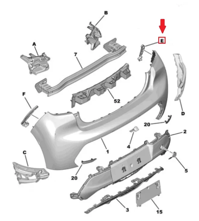 STAFFA / GUIDA / SUPPORTO LATO DX PARAURTI POST. PEUGEOT 208 (II) - 1673735780