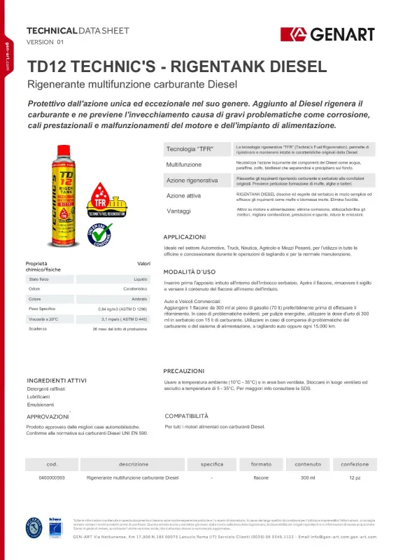 GENART - ADDITIVO RIGENERANTE MULTIFUNZIONE CARBURANTE DIESEL RIGEN TANK - TD12