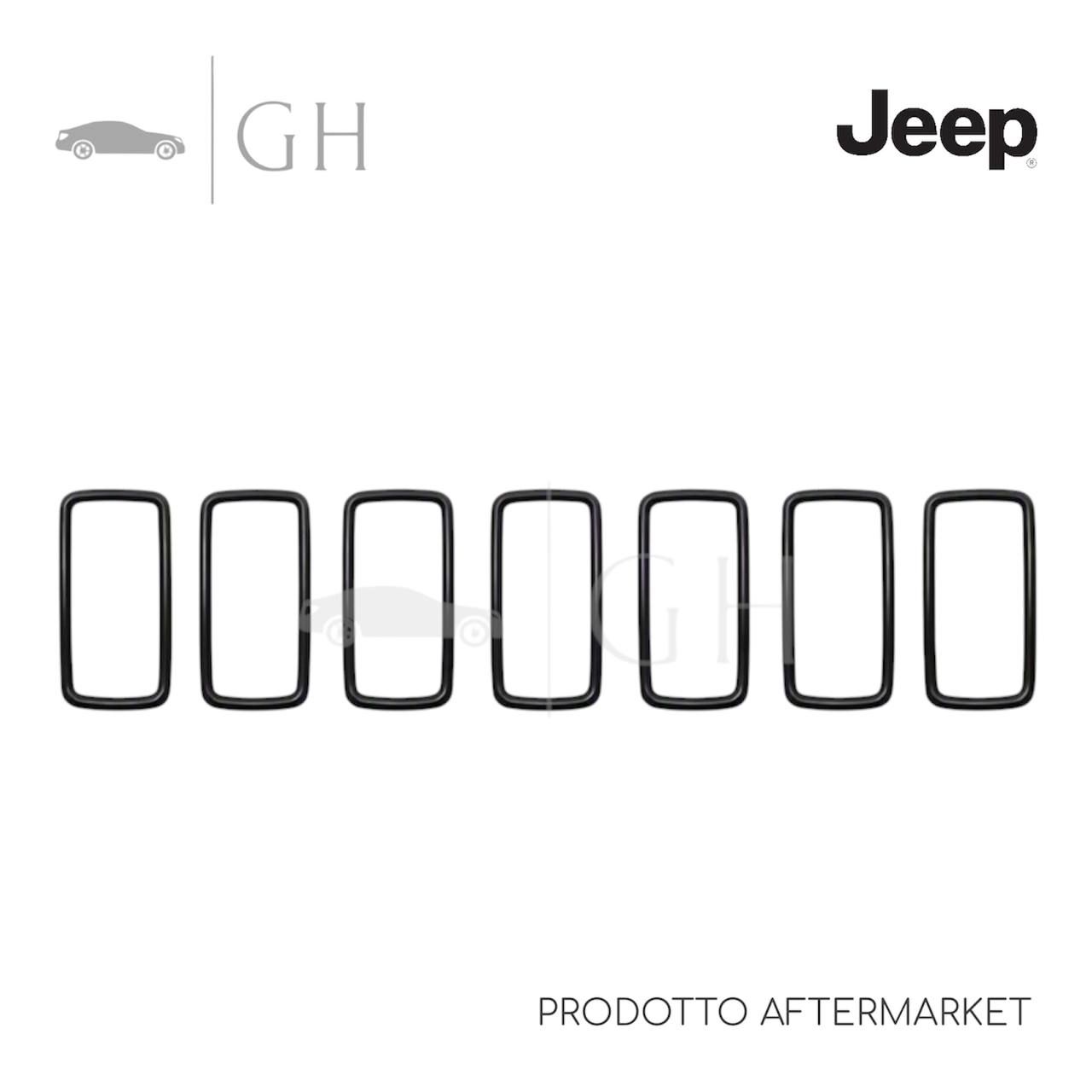 KIT 7 PZ COVER CORNICI ADESIVE GRIGLIE RADIATORE NERE PARAURTI ANT JEEP RENEGADE RESTYLING 18>