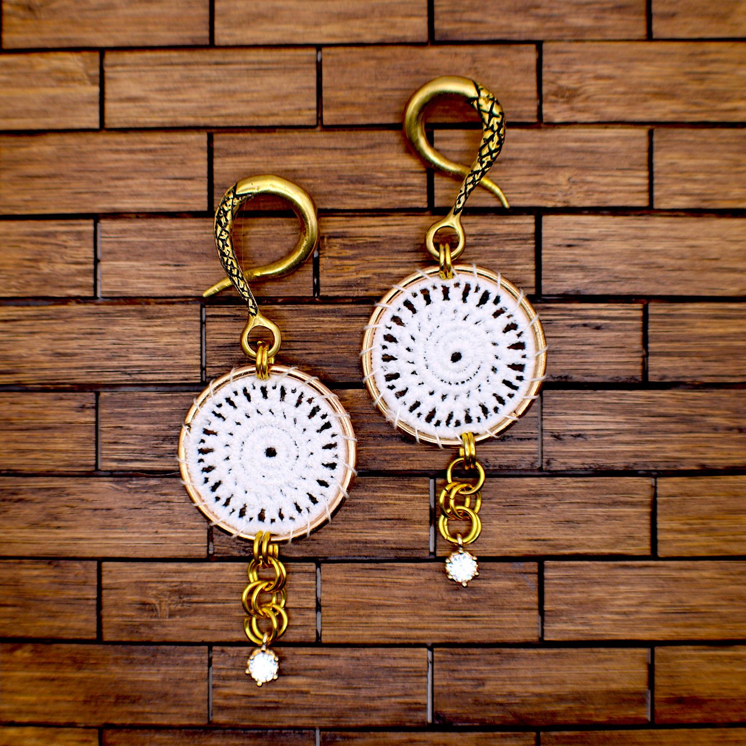 White Crochet hanging w/ CZ brass hooks (Pair)
