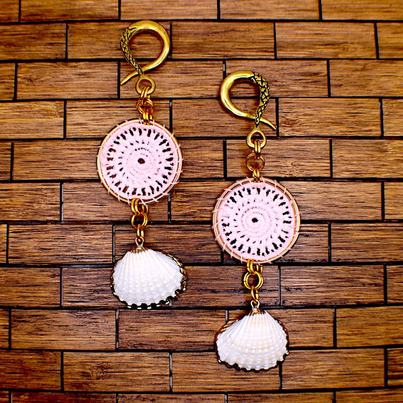 Pink Crochet hanging w/ seashells brass hooks (Pair)