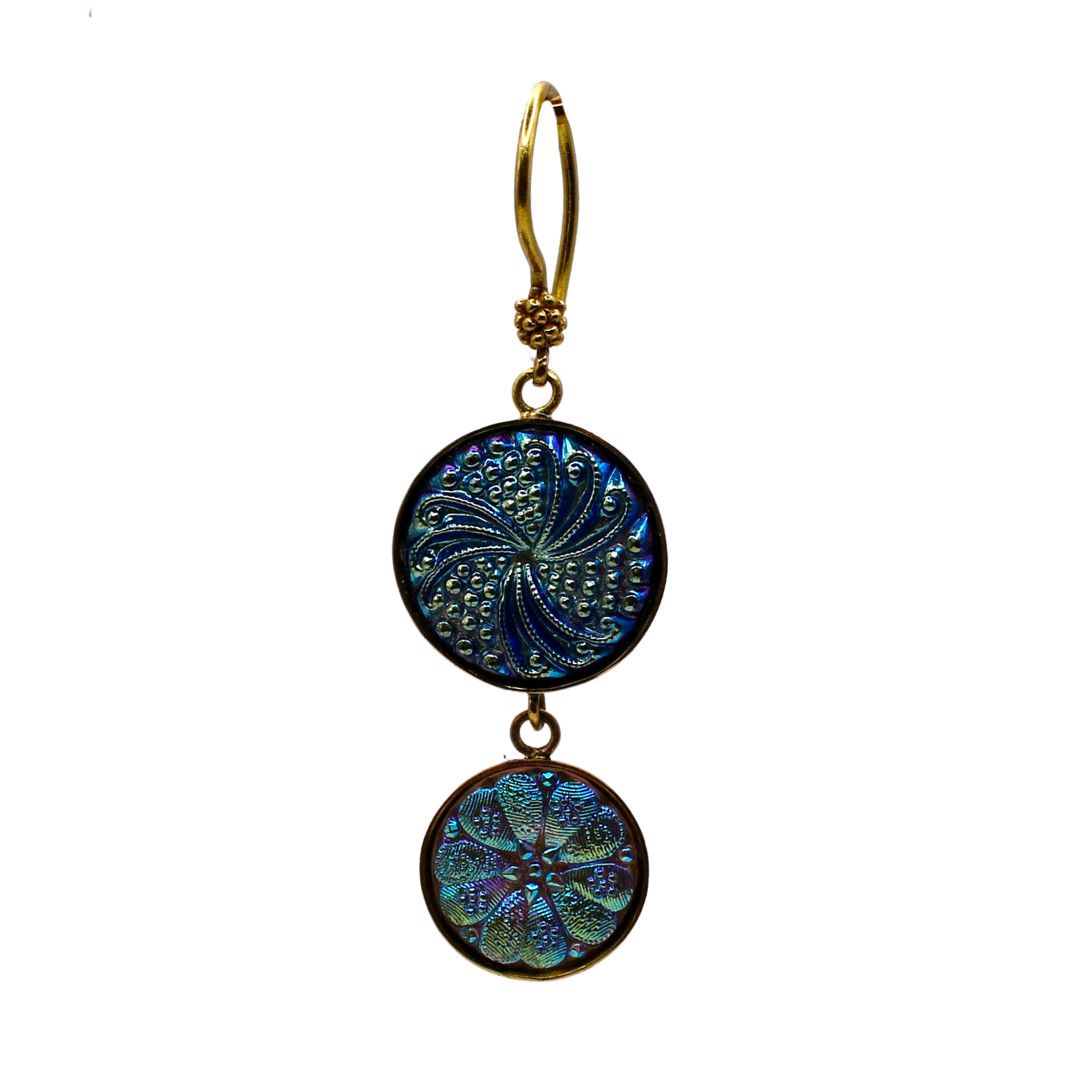Iridescent Vintage Button Earrings, Color: Brass, Stone: Blue &amp; White