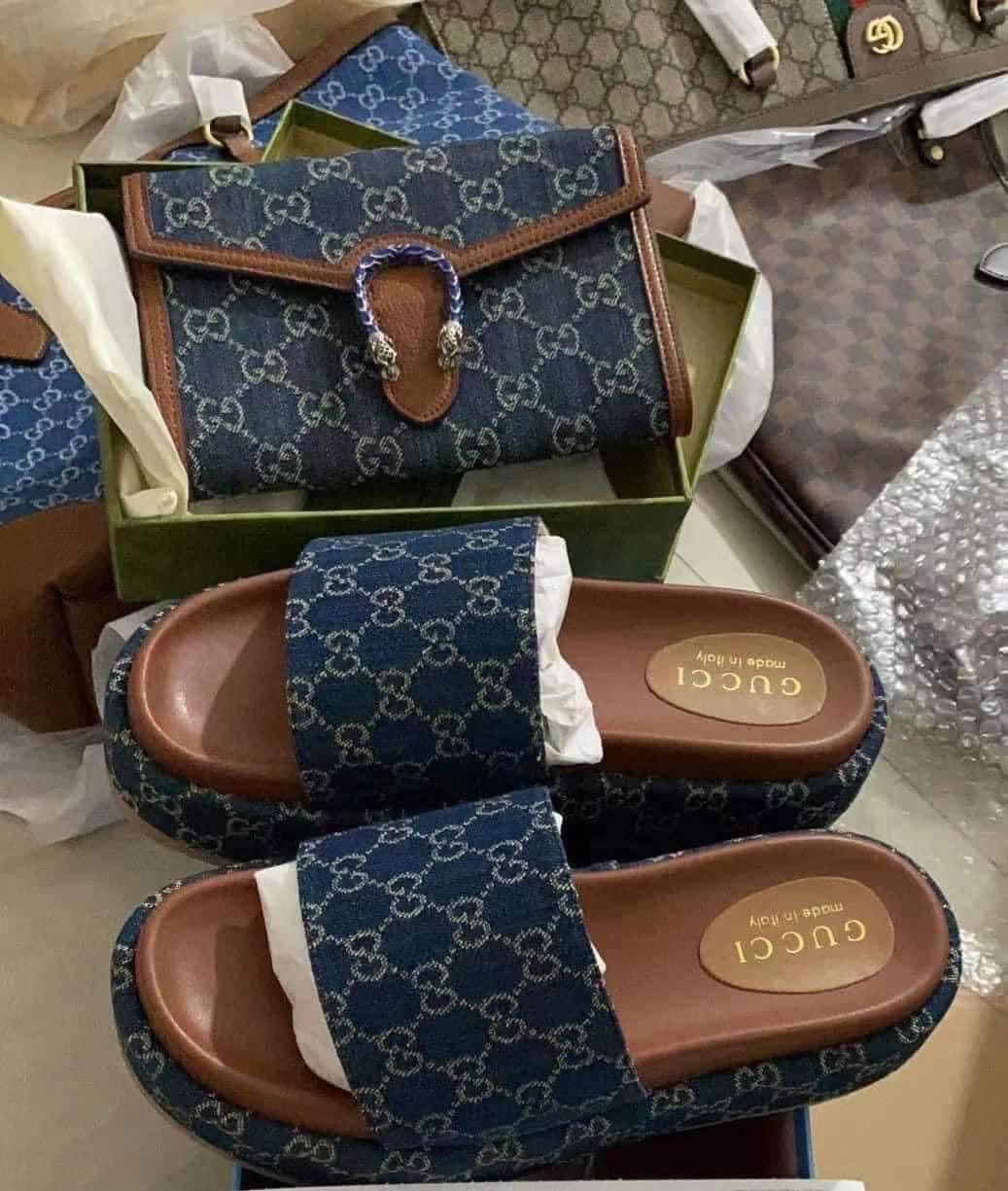 Blue Denim Platform Slides and Handbag Set