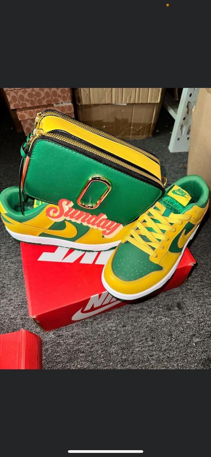 Green and Yellow Nike Dunk Sneakers “Reverse Brazil” and Marc Jacobs Handbag Set