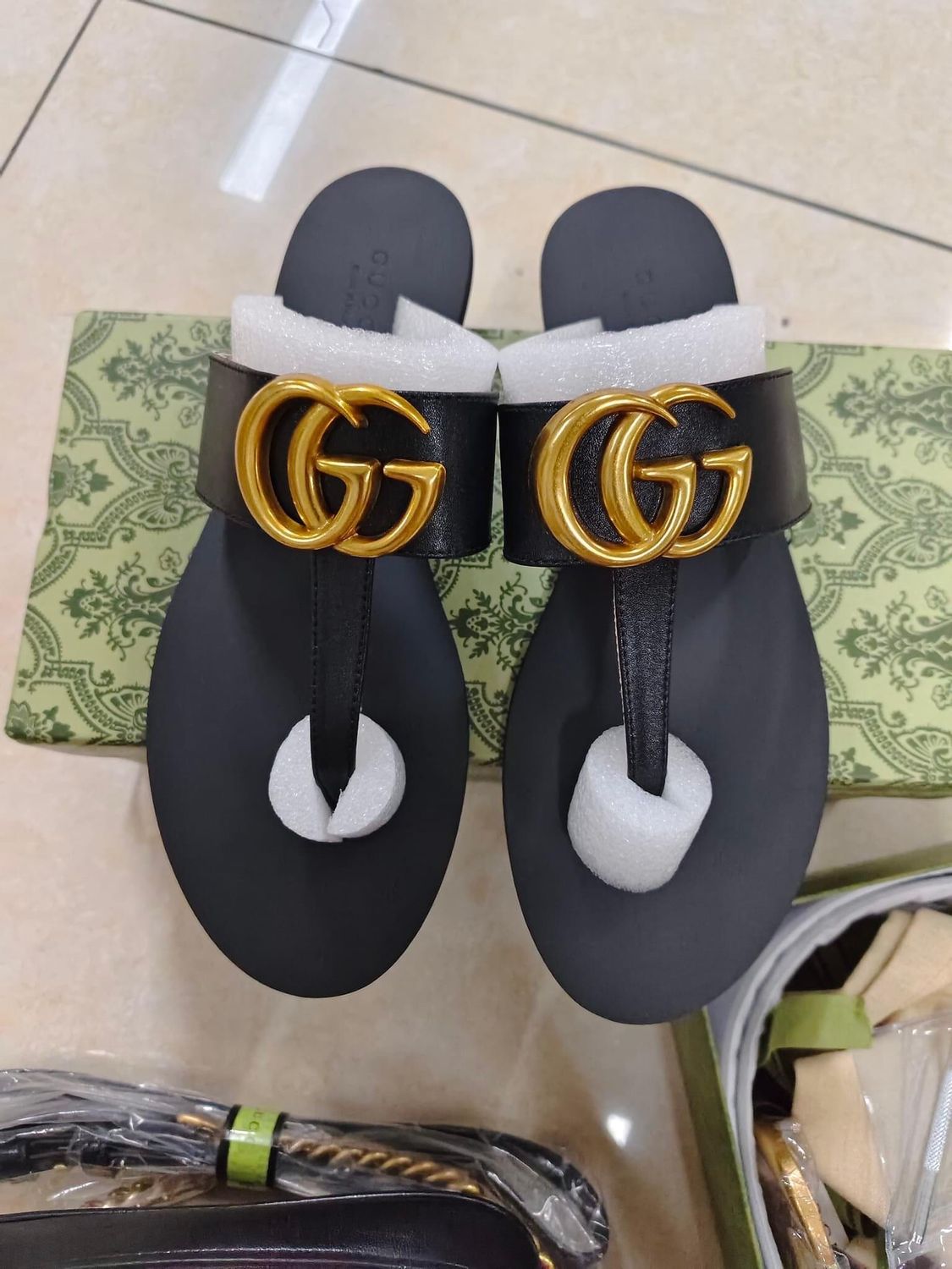 Black Gucci Slides With Gold Letters