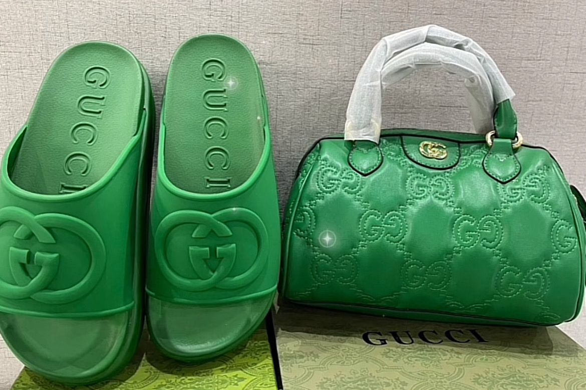 Green Gucci Platform Slides and Handbag Set