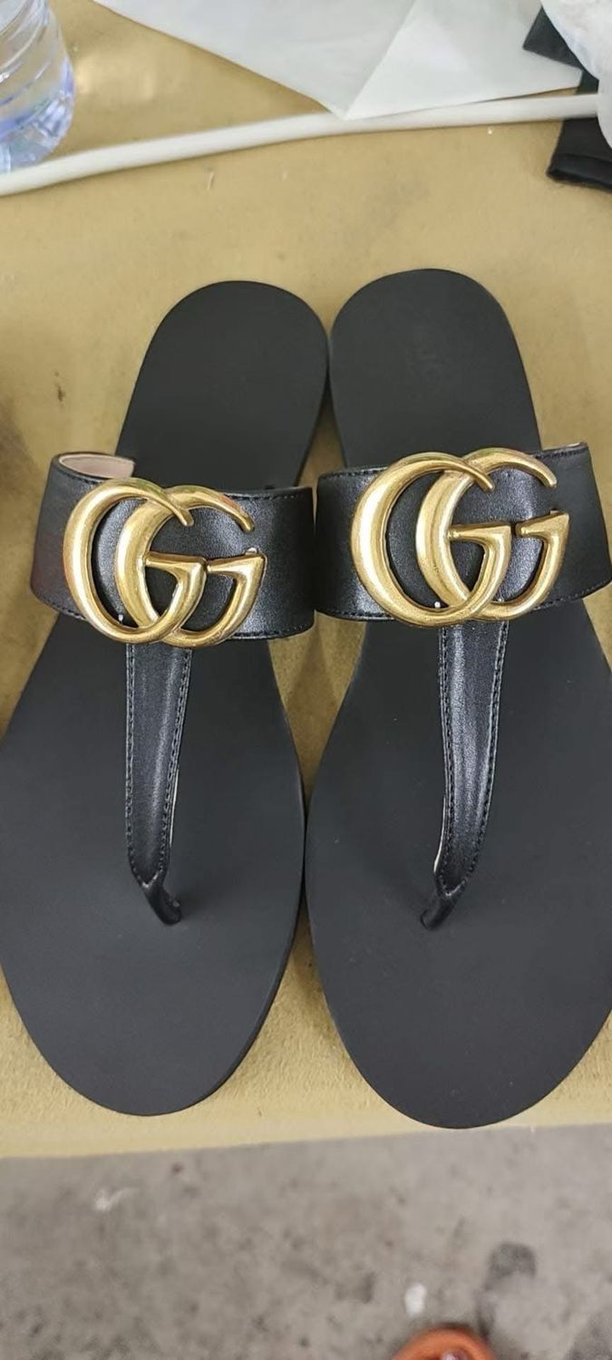 Black Gucci Sandals With Gold GG