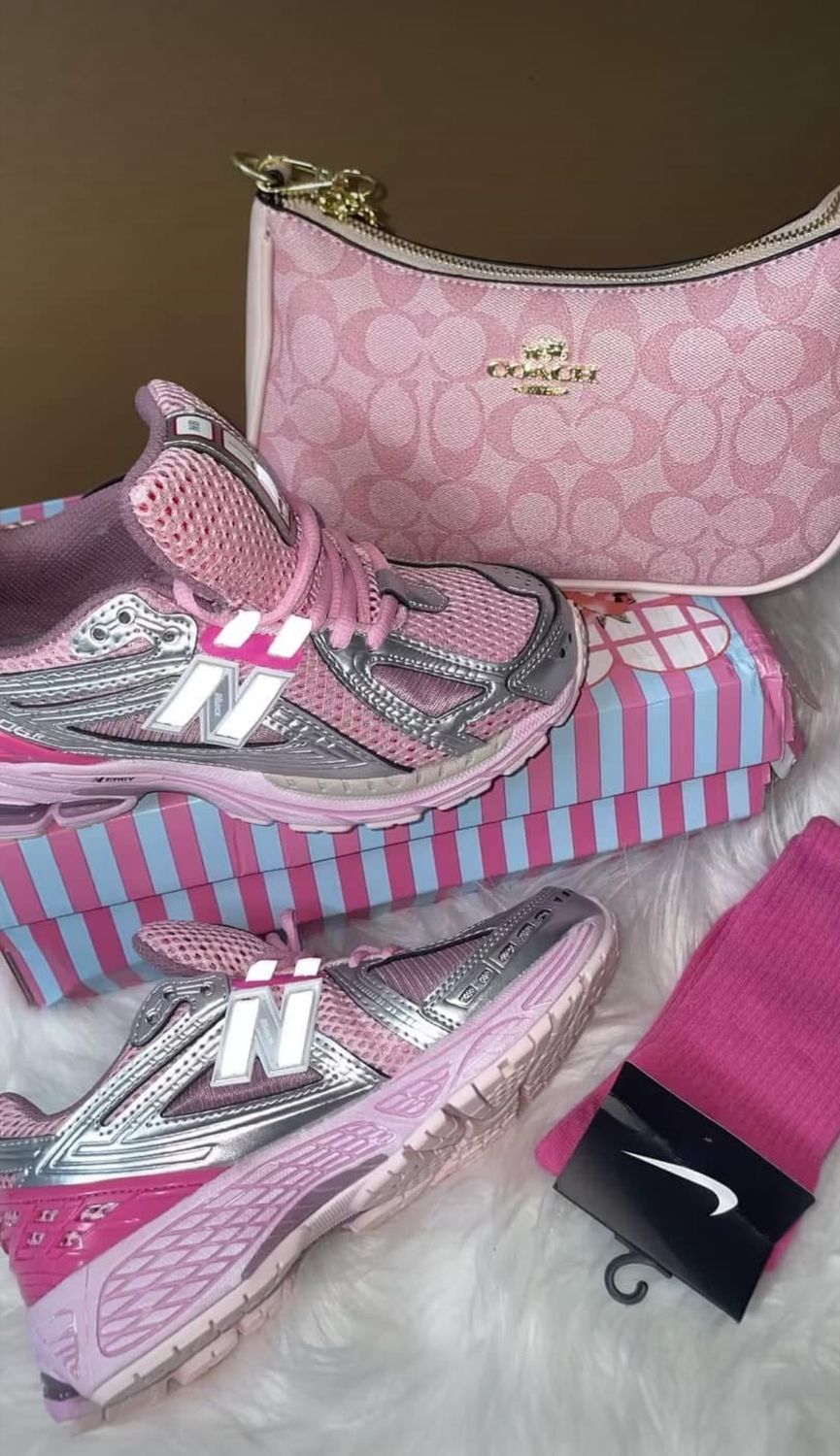 pink New Balances With Pink Coach Bag