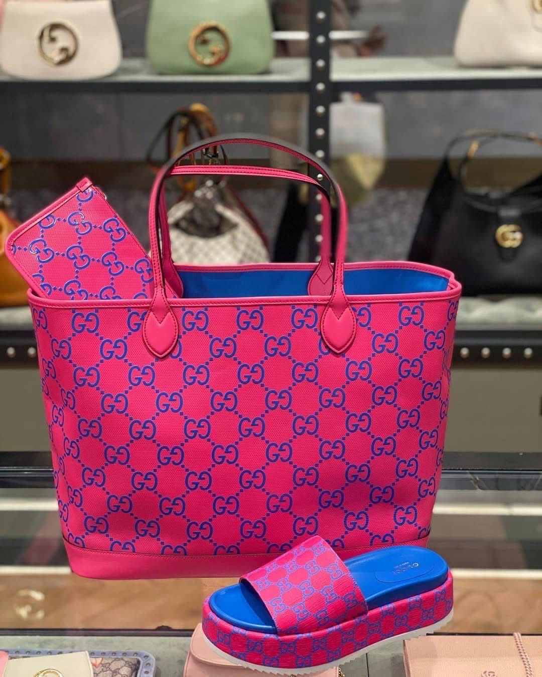 Gucci GG Embossed Leather Tote Bag In Pink With Blue Accents And Matching Slide Sandals