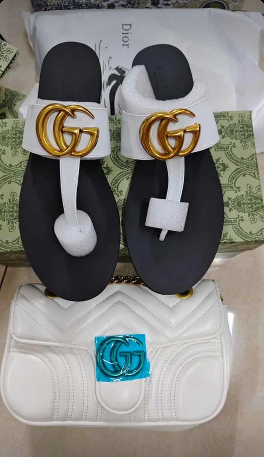 White GUCCI Slides &amp; White GUCCI Handbags