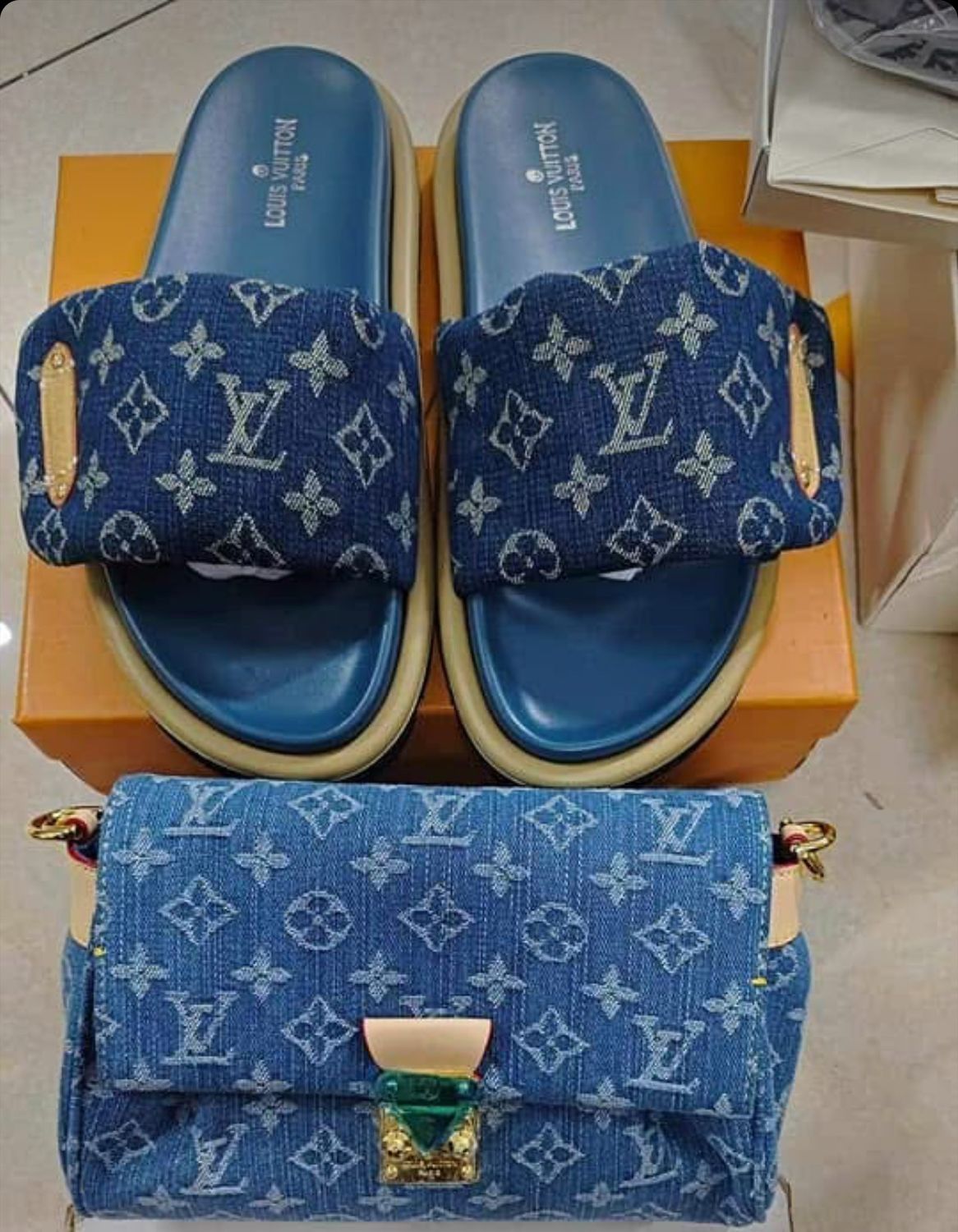 Blue Louis Vuitton slides with bag