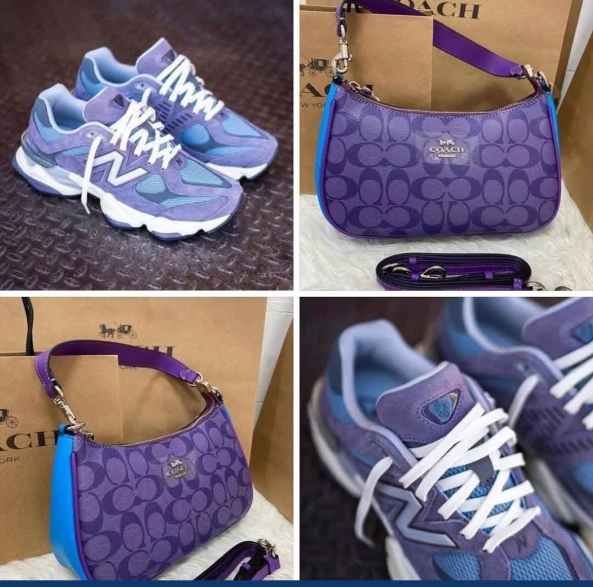 Purple and blue new balances with coach bag