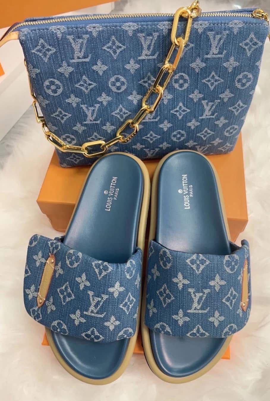 Light blue LV Sandals and Handbags