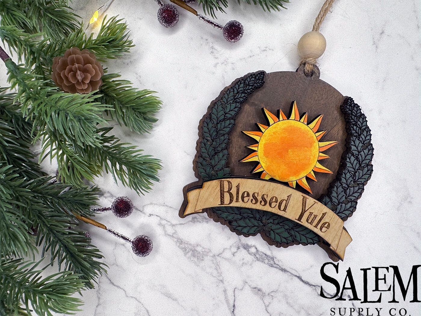 "Blessed Yule" Sun Wood Christmas Ornament