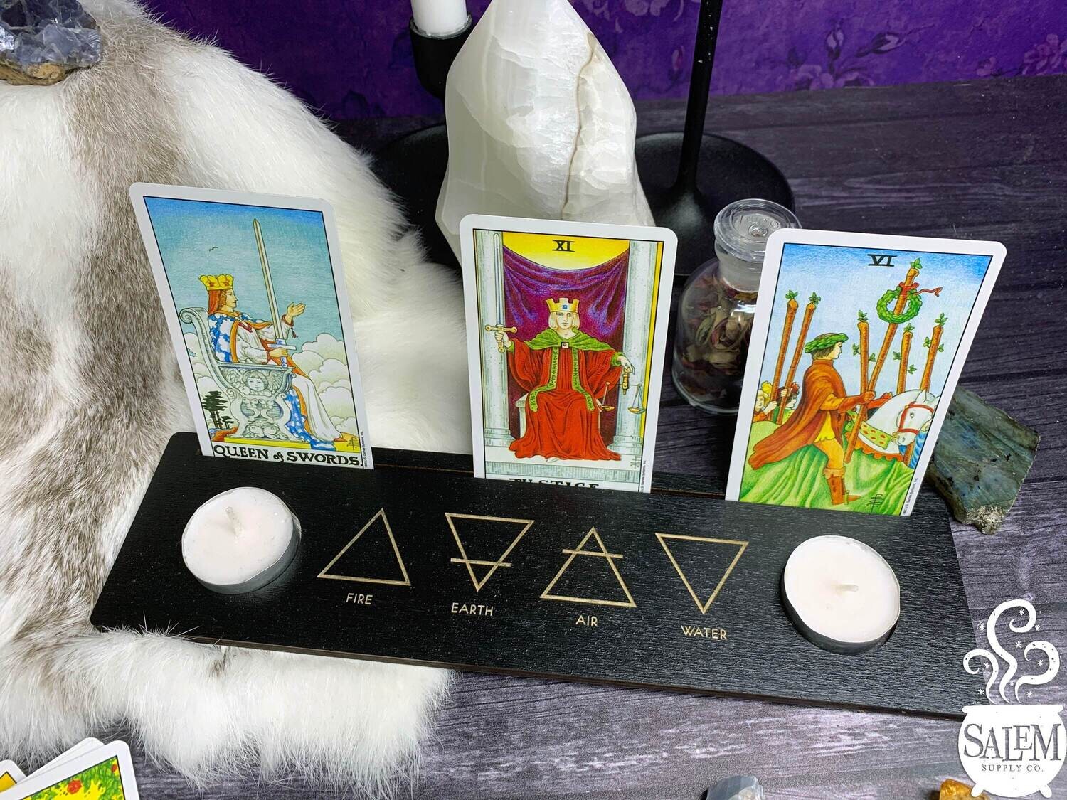 4 Elements Three Slot Tarot Card of the Day Stand with Tea Light Candle Holder