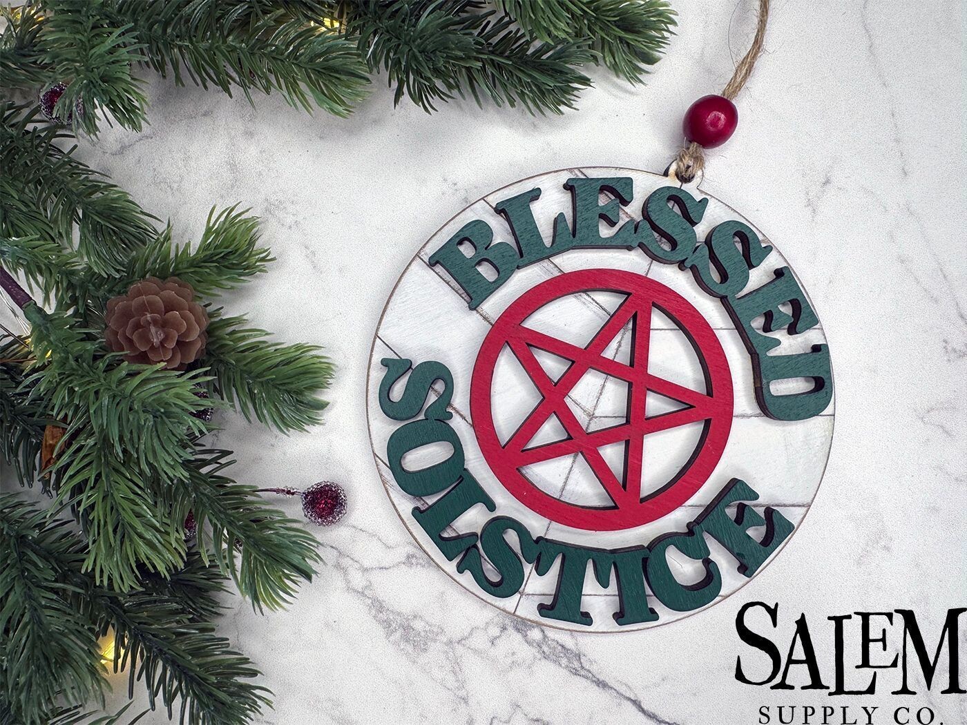 "Blessed Solstice" Pentacle Farmhouse Style Wood Christmas Ornament