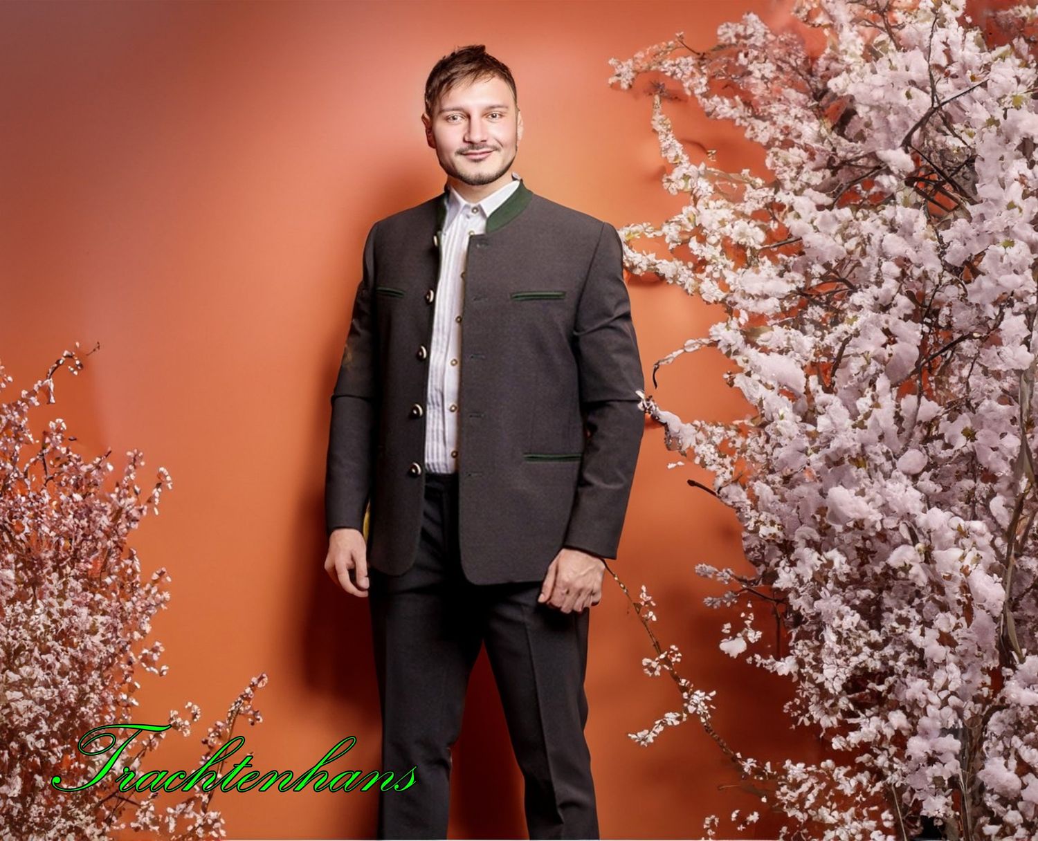 Exclusive Herren Trachtenjacke &quot;Livius&quot; dunkelgrau mit grünen Akzenten / Trachtenanzug