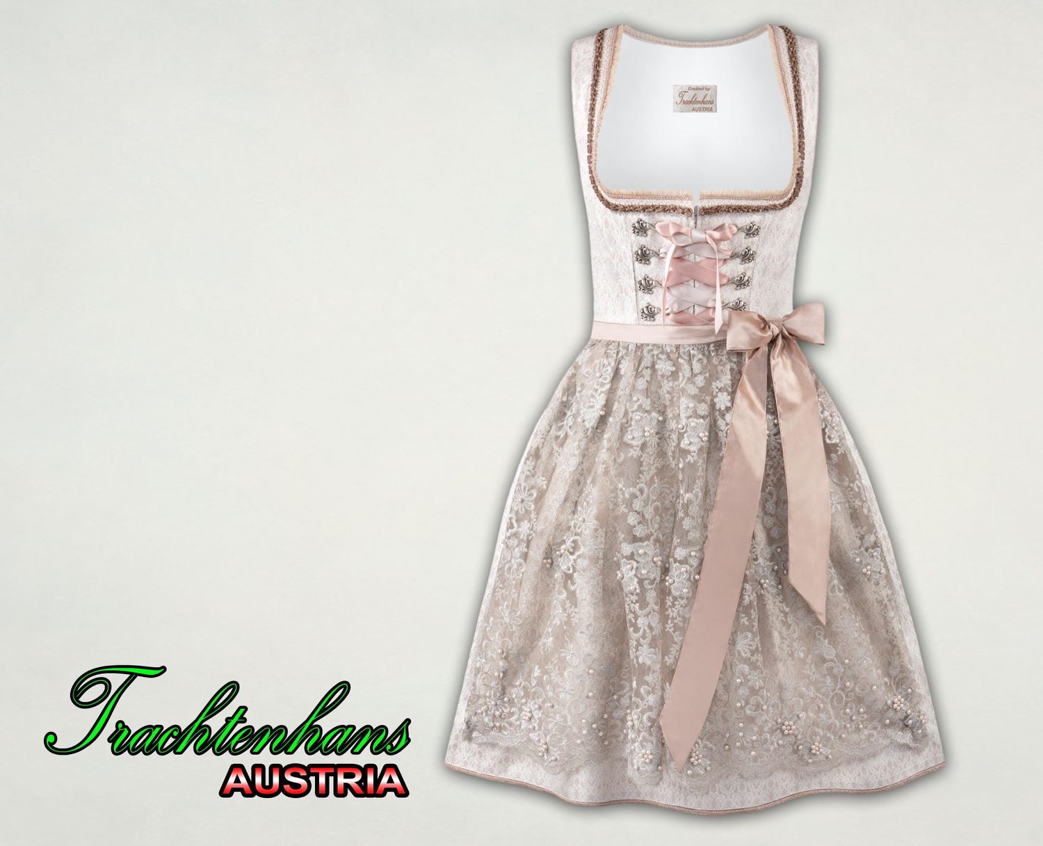 Exquisites Dirndl &quot;Kalea&quot; taupe /  filigrane, farblich abgestimmte und unterlegte Spitzenschürze