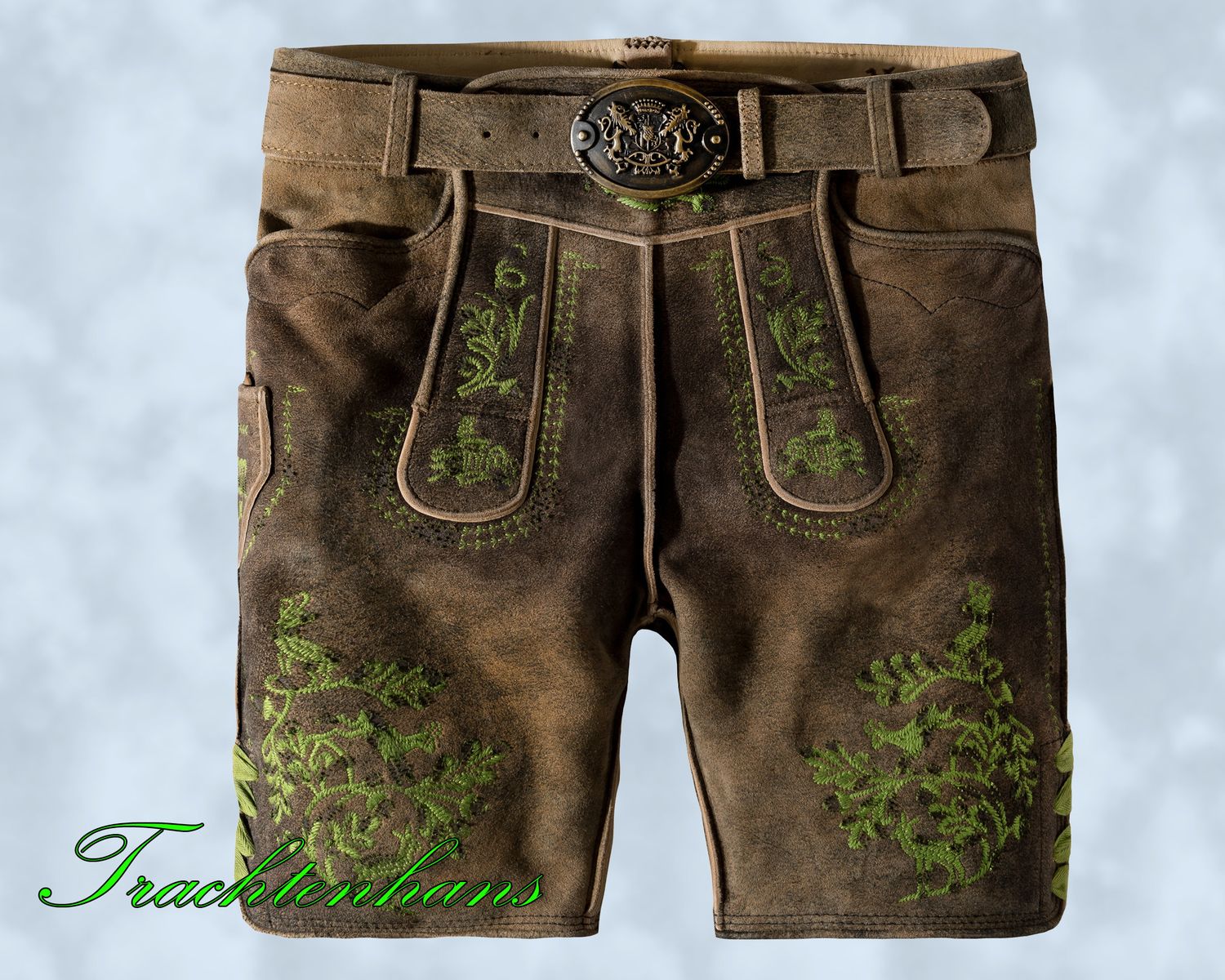 Kurze Lederhose &quot;Luis&quot; alt mit grünem Stick / Trachtenhans