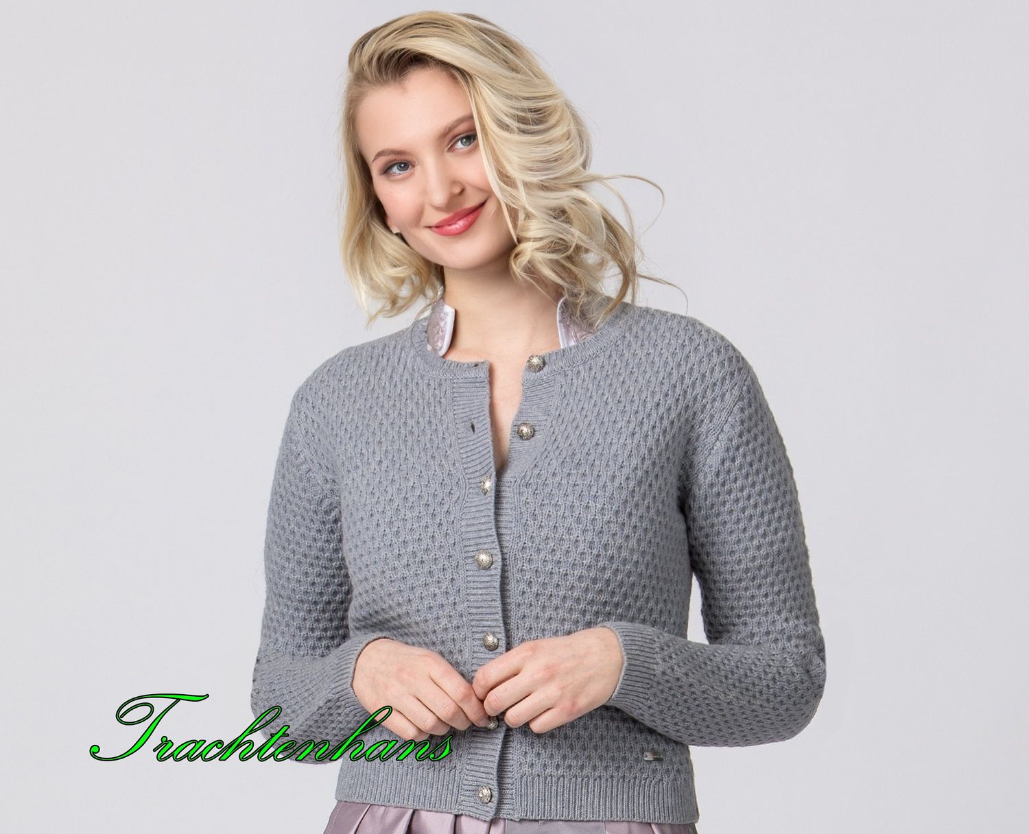 Damen Jacke &quot;Deniz&quot; kiesel  melierte Wollmischung traditionelles Strickmotiv