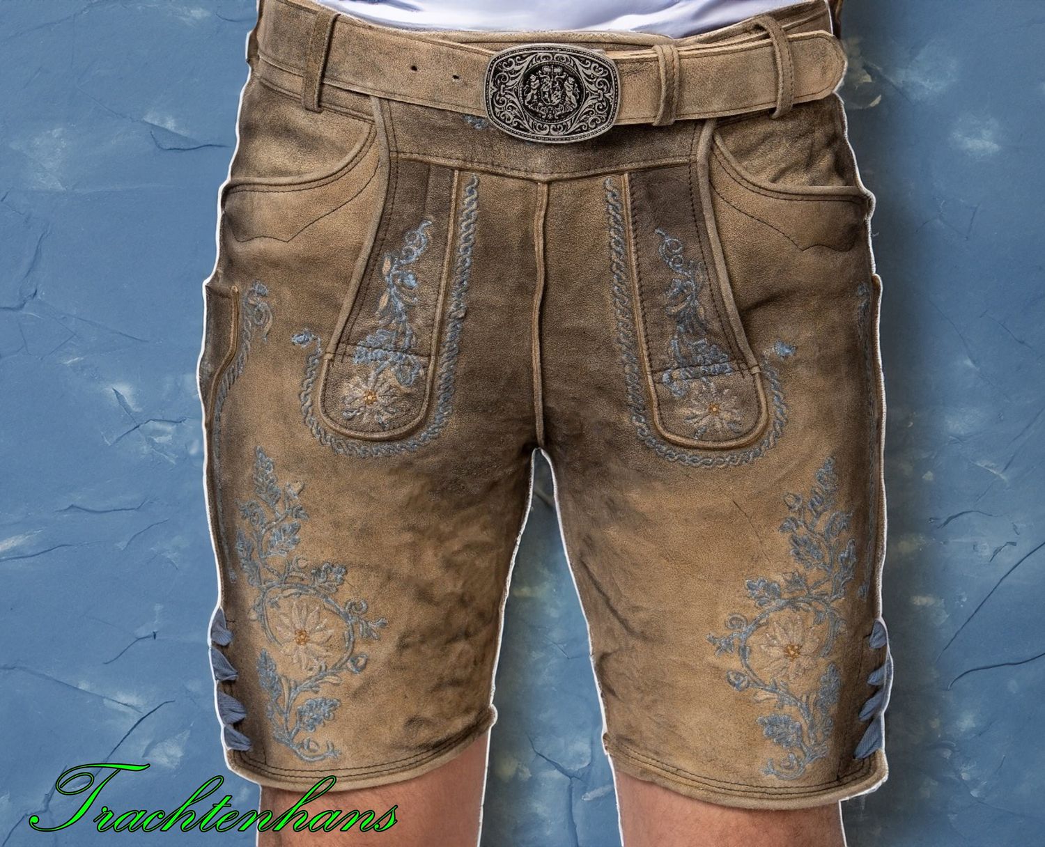 Kurze Lederhose &quot;Ayaz&quot; alt-blau aus pflanzlich gegerbtem Bioleder