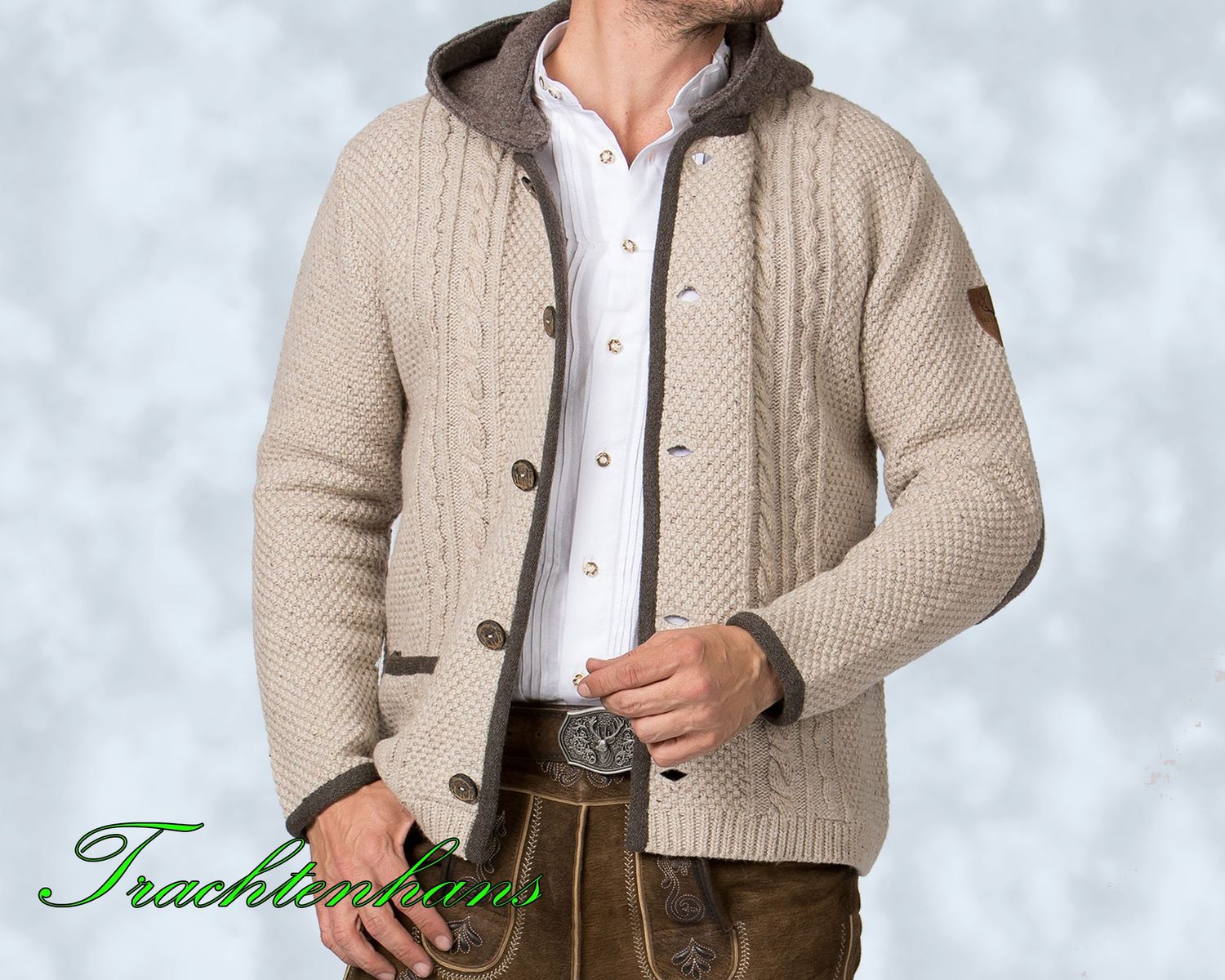 Trachten Jacke Weste &quot;Noah&quot; Strickweste beige / Trachtenhans - abnehmbare Lodenkapuze