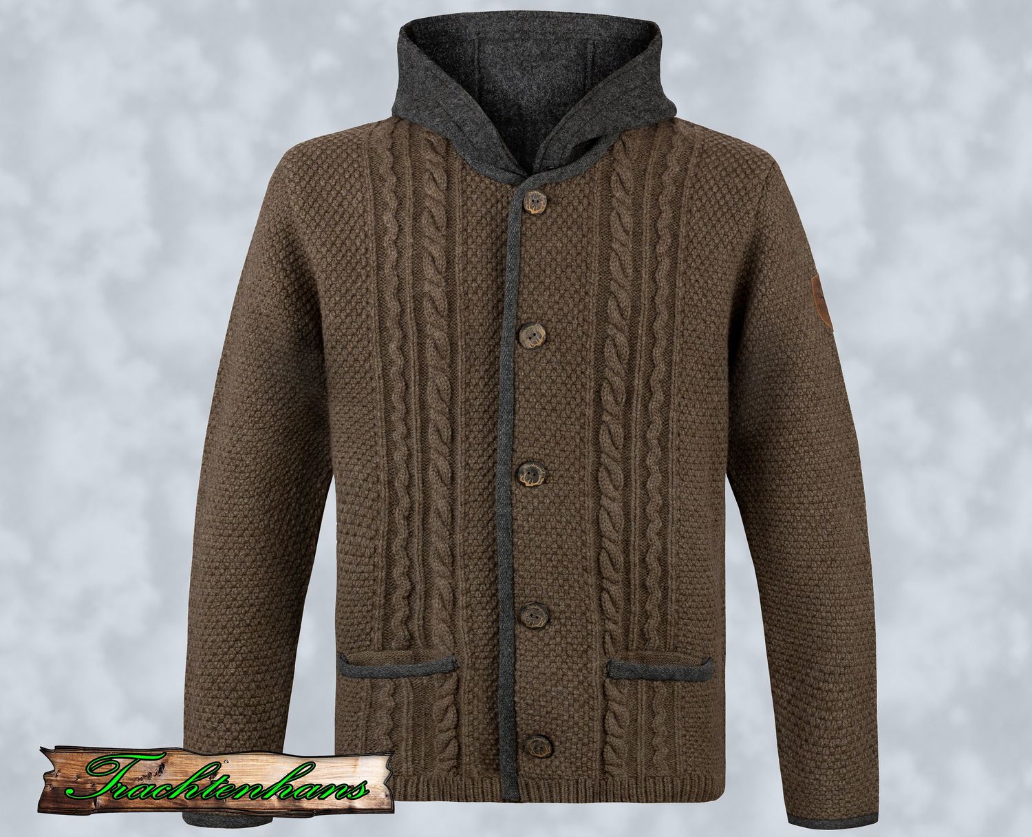 Trachten Jacke Weste &quot;Noah&quot; Strickweste braun / Trachtenhans - abnehmbare Lodenkapuze