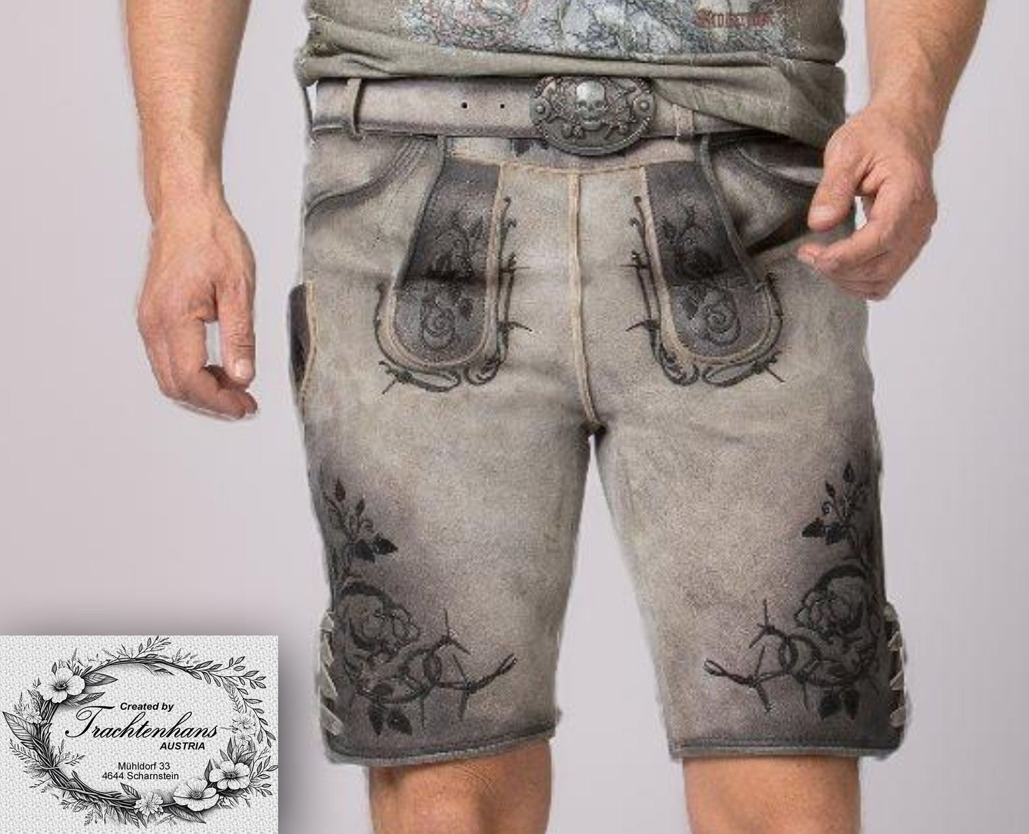 Kurze Lederhose &quot;Mateo&quot; rauch geäscht aus hochwertigem, gegerbtem Wildbock-Leder in authentischer Hirschoptik
