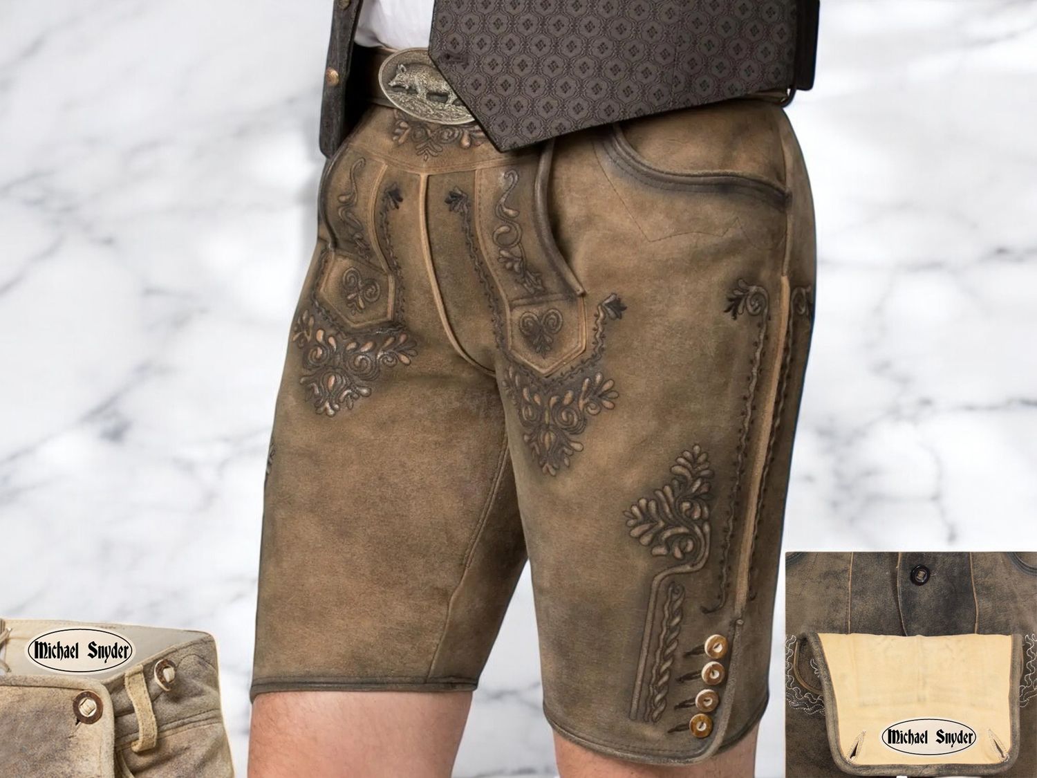 Personalisierte Lederhose kurz Herren Stefan beige – Trachtenlederhose, traditionelle Stickerei &amp; Hornknöpfe, inklusive Gürtel