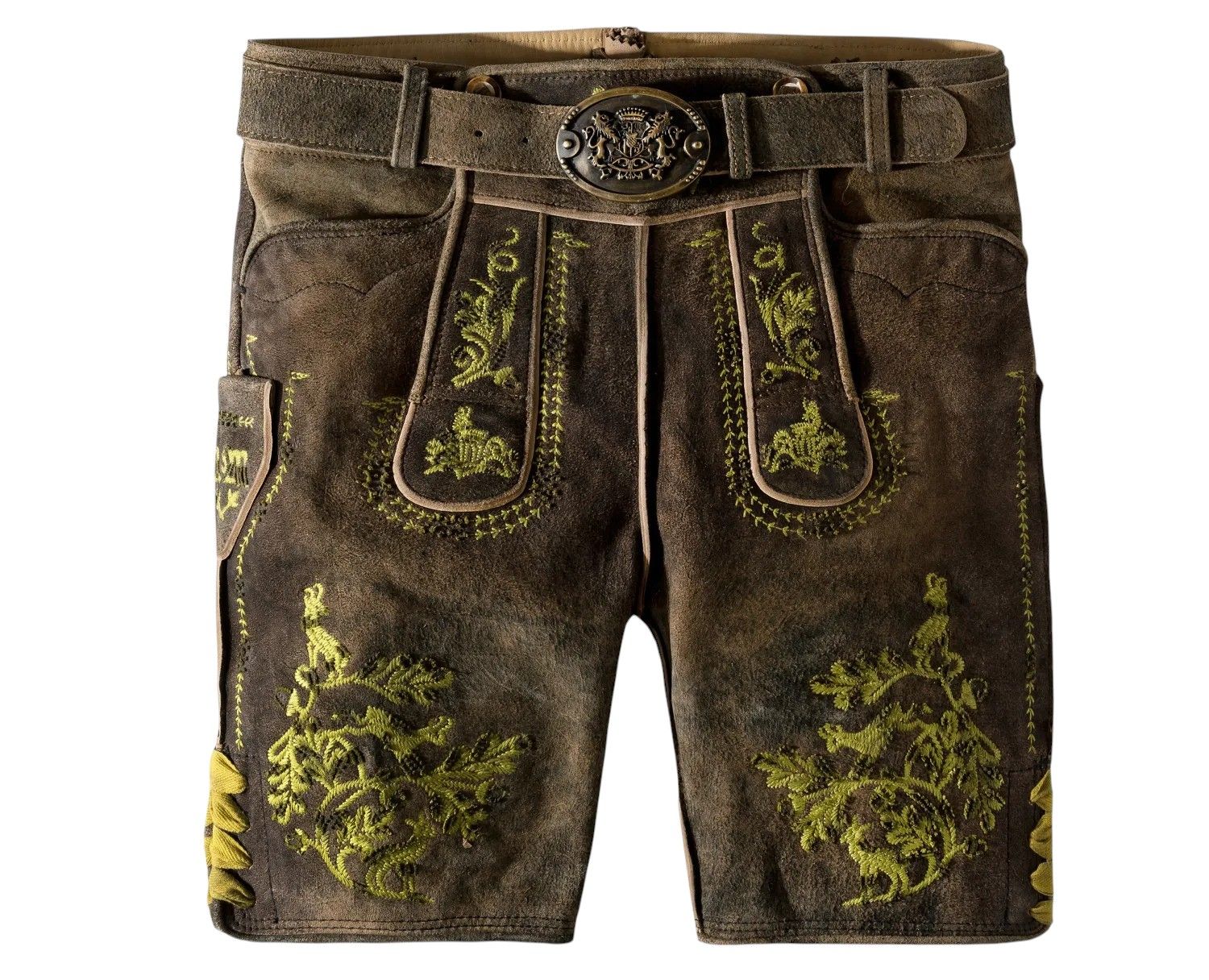 Kurze Lederhose &quot;Luis&quot; auf alt mit gelben Stick / authentische kulturelle Qualitäts Bekleidung / Österreich / Bayern / Oktoberfest / Trachtenoutfit