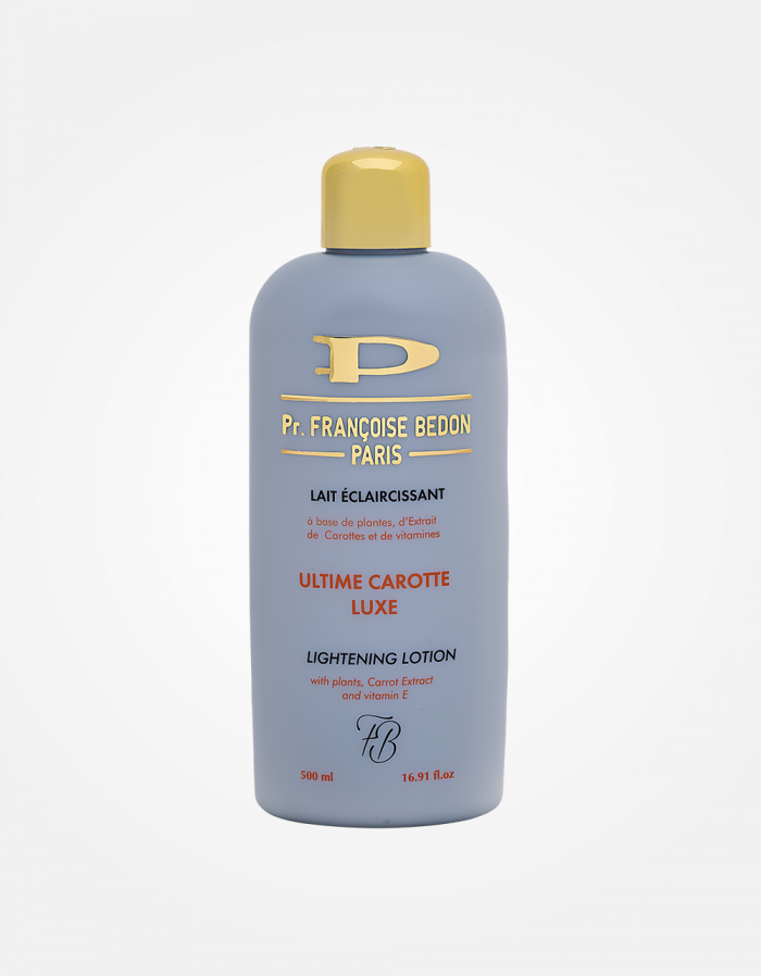 LAIT ÉCLAIRCISSANT ULTIME CAROTTE LUXE À BASE DE PLANTE, D&#39;EXTRAIT DE CAROTTE ET DE VITAMINES
- FRANÇOISE BEDON -
500ML