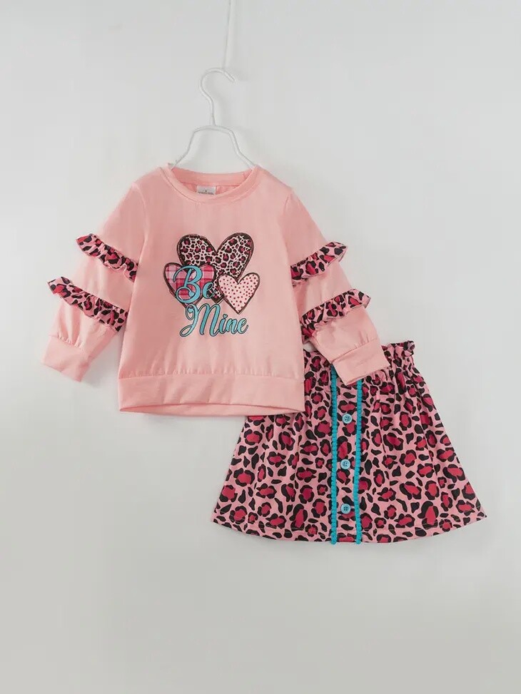 Valentine Pink Leopard Heart Ruffle Skirt Set
