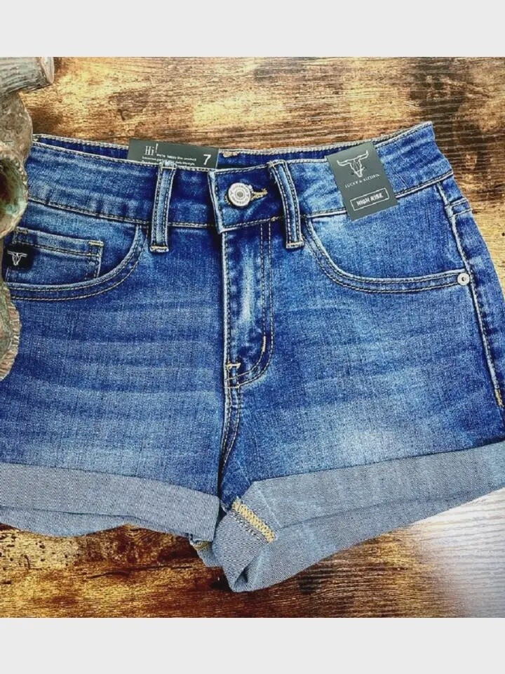 Girls Dark Wash Shorts W Cuff Hem
