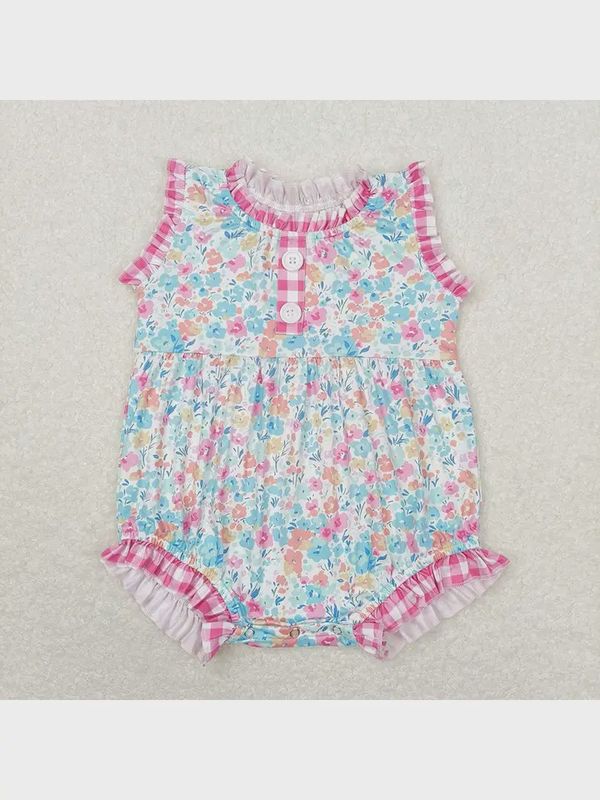 Pink Blue Floral Ruffle Rompers