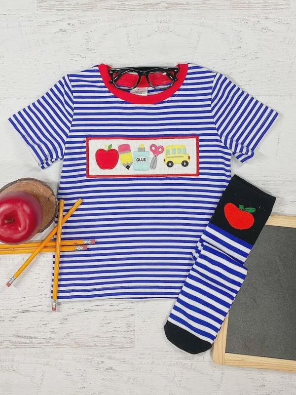 School Supplies Blue Striped Tee